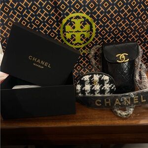 CHANEL Black and Gold Quilted Crossbody Bag Makeup